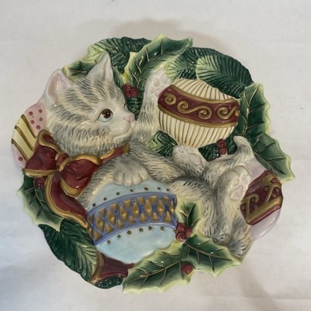 VTG Fitz and Floyd KRISTMAS KITTY Cat Christmas Holiday Canape Plate 8" China